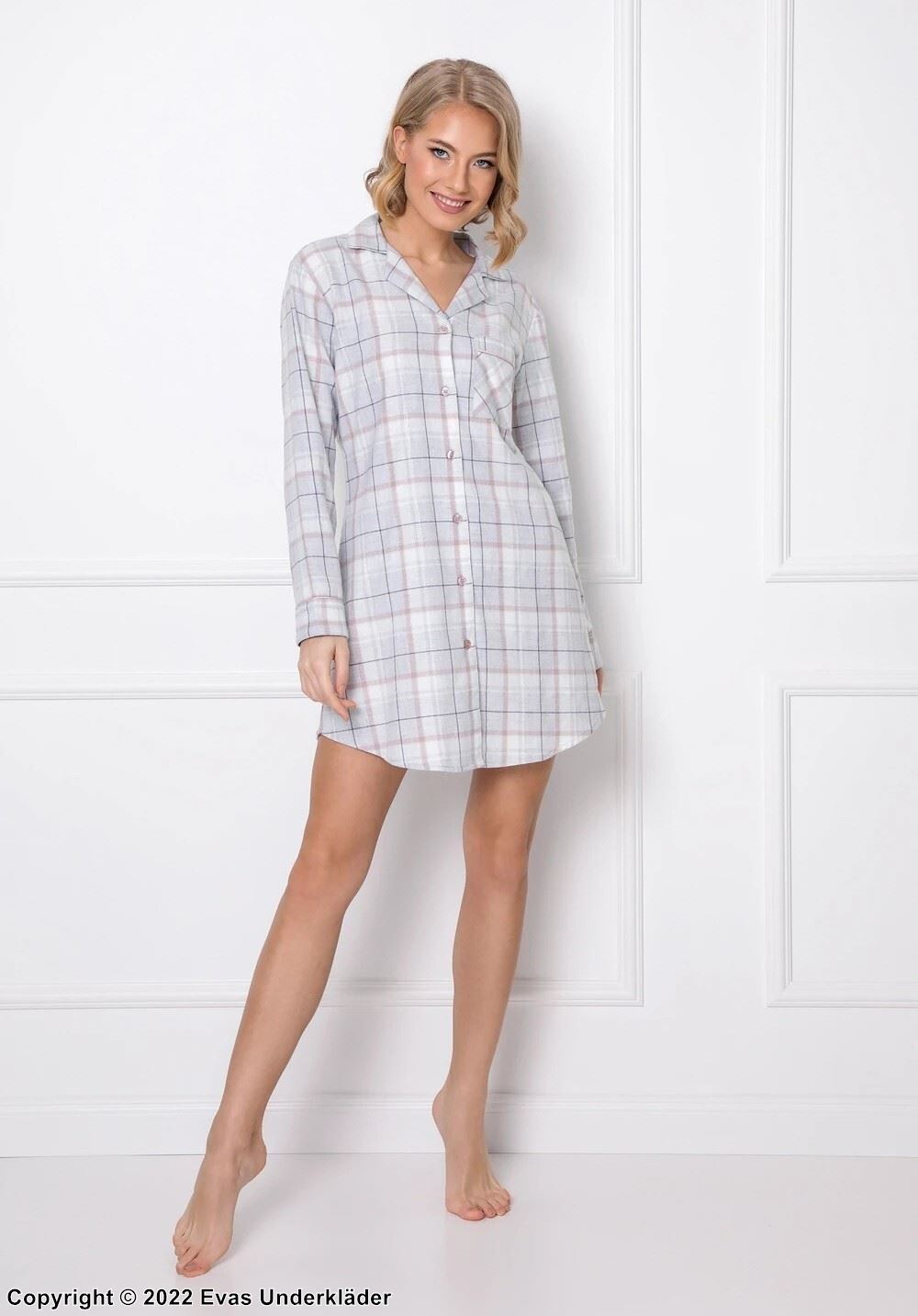 Pyjamasklänning med långa ärmar och ficka, rutmönster